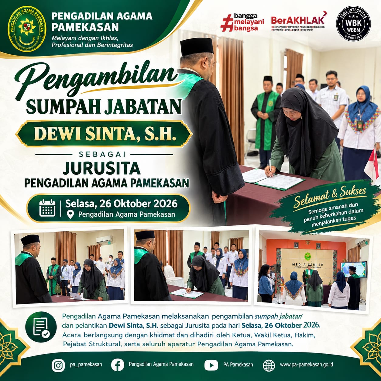 Pengadilan Agama Pamekasan Resmi Lantik Dewi Sinta Sebagai Jurusita Pengganti