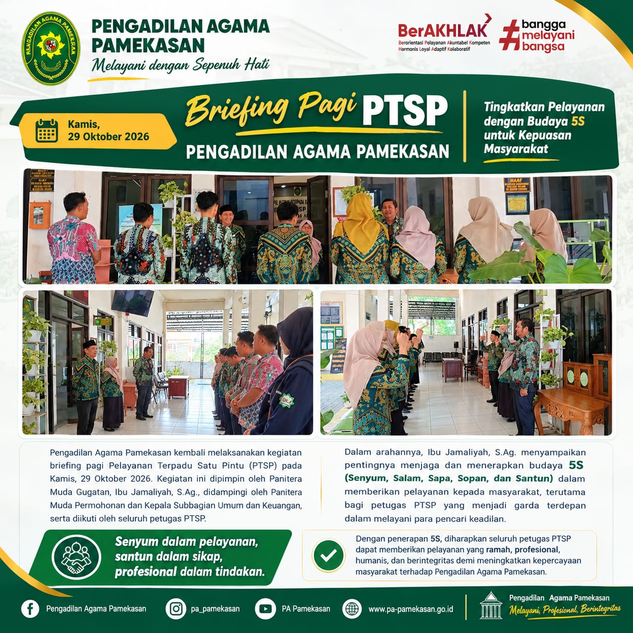 Briefing Pagi PTSP Pengadilan Agama Pamekasan: Tekankan Pentingnya Penerapan 5S dalam Pelayanan