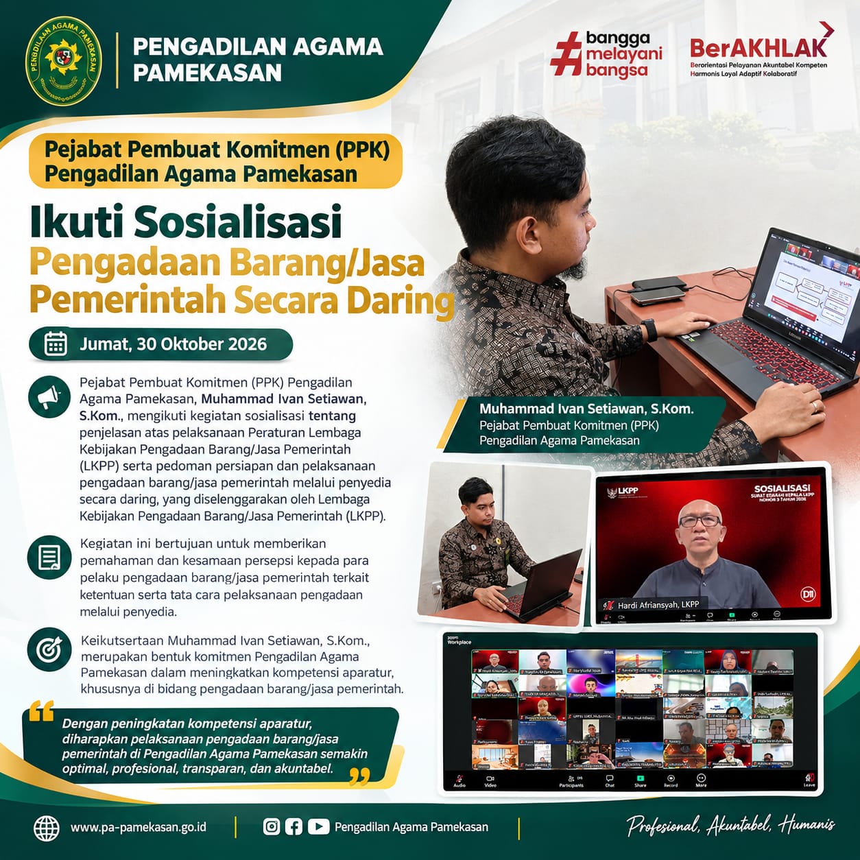 Pejabat Pembuat Komitmen PA Pamekasan Ikuti Sosialisasi Peraturan dan Pedoman Pengadaan Barang dan Jasa Pemerintah Secara Daring
